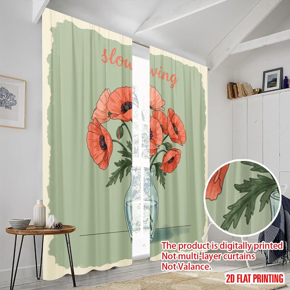 2pcs 2D flat printing Window Treatment Curtains red poppies vase living Polyester Without Electricity 0 Perfect for Decorations