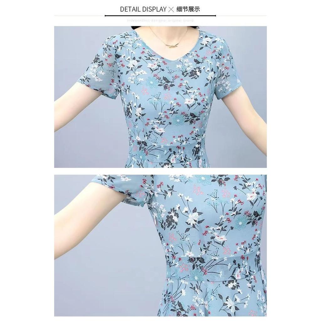 Ice Silk Floral Dress Summer Short-sleeved New Plus Size Women's Waist Slimming Belly-covering Long Dress