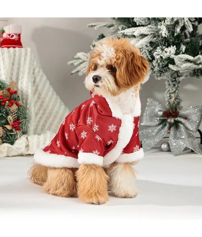 Pet Christmas Clothes Winter Plush And Thick Classic Christmas Snowflakes Dog Plush Jumpsuit Hooded