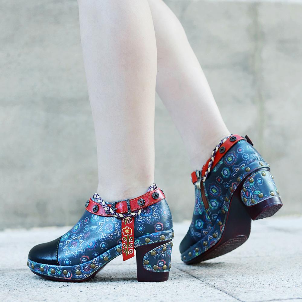 Patchwork din piele naturală Tocuri înalte cu pantofi retro cu relief pictat manual Pantofi versatili pentru femei