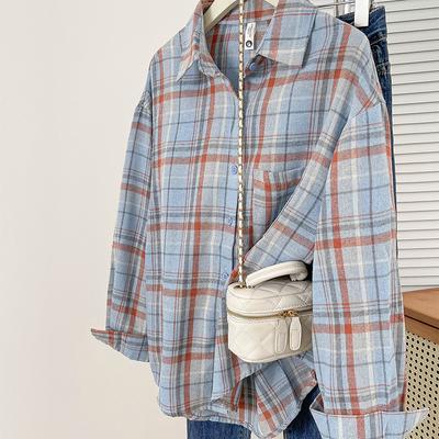 Women's Spring/Autumn Checkered Shirt Retro Loose Plaid Fashion Blouse Top Premium Streetwear Casual Outerwear