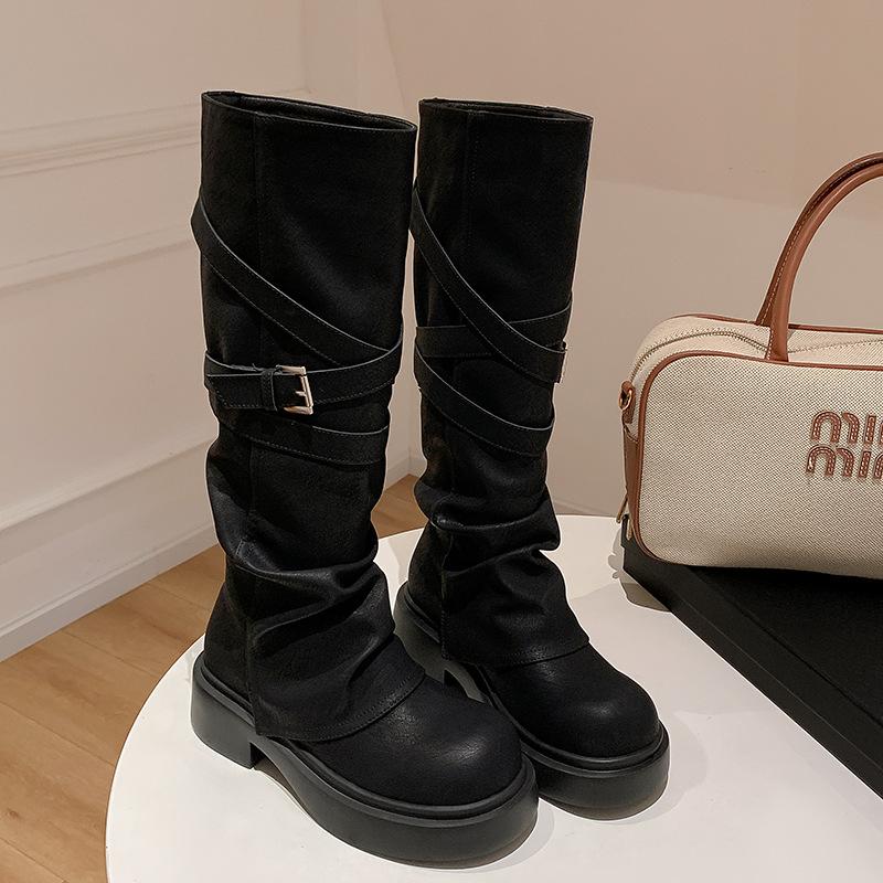 New Spot Wasteland Wind Brown Maillard Platform Knight Boots Women's Long Boots Martin Boots Pleated Pant Tube Boots Tall Boots