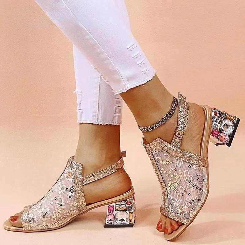 Fashion 2025 New Women Summer Fashion Mid Heels Peep Toe Shoes for Women Glitter Sandals Ladies Buckle Strap Bling Rhinestone Sandals