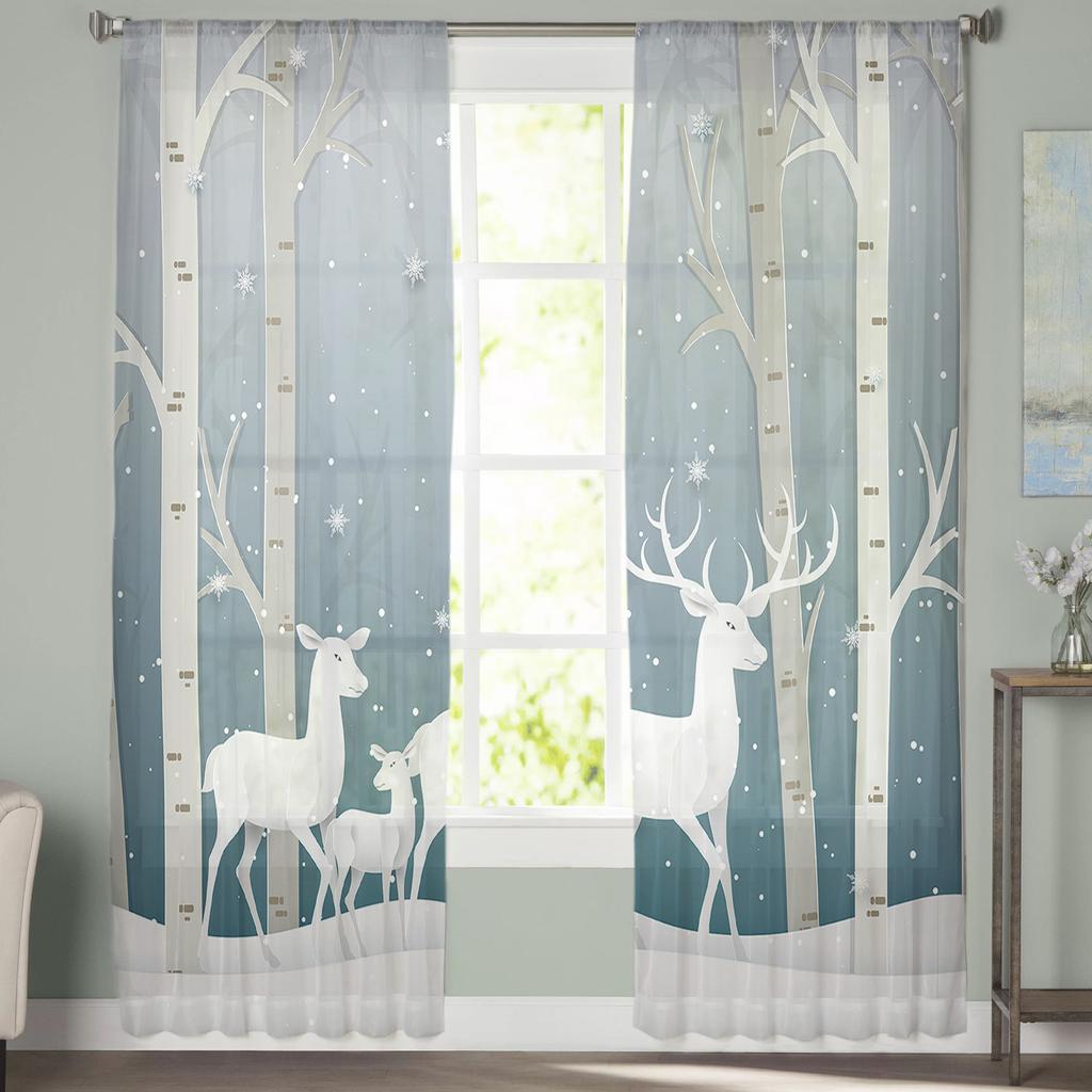 Christmas White Snow World Tulle Curtains For Living Room Decoration Modern Chiffon Sheer Voile Christmas Curtains