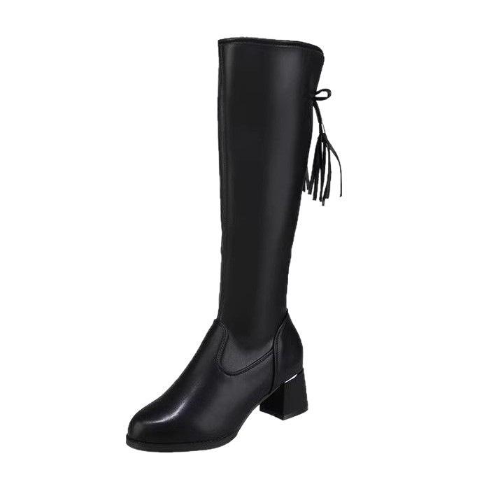 Skinny Elastic Boots Children's 2025 New Medium Boots Versatile Thick Heel Leather Boots Mid-heel Side Zipper But Knee Boots