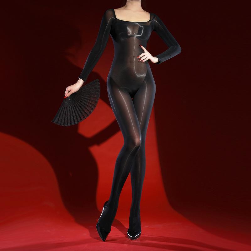 Sexy Full Body One-Piece Open Crotch Stockings High-Cut Seamless Off-Shoulder 5D Ultra-Thin Unisex Glossy Lingerie