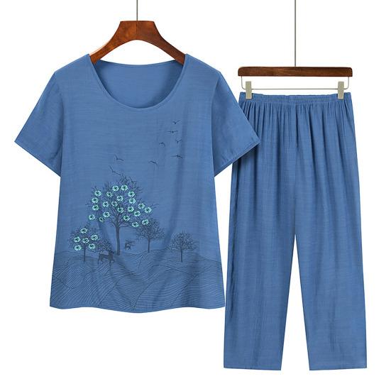 Conjunto de Pijama Feminino com Gola Redonda, Manga Curta e Calça Cropped Conjuntos para Relaxar Verão Floral Roupa de Dormir Conjunto Combinando