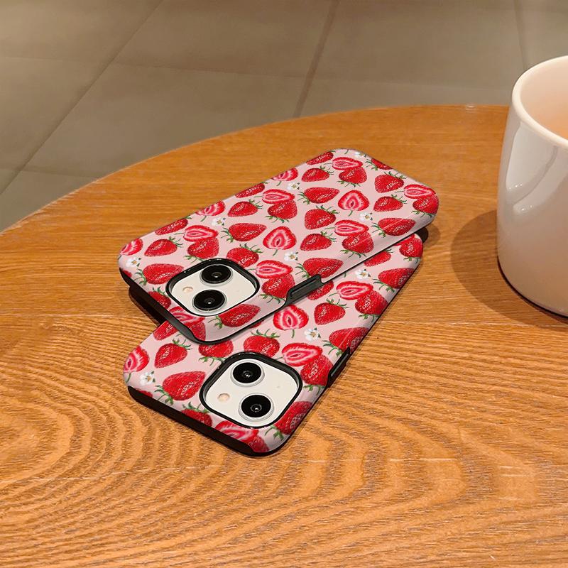 Pink Base Fresh Strawberry Tiny Flower Print Soft Silicone Phone Case Cute Girly Fruit Aesthetic Shockproof Protective Cover For All Iphone Models