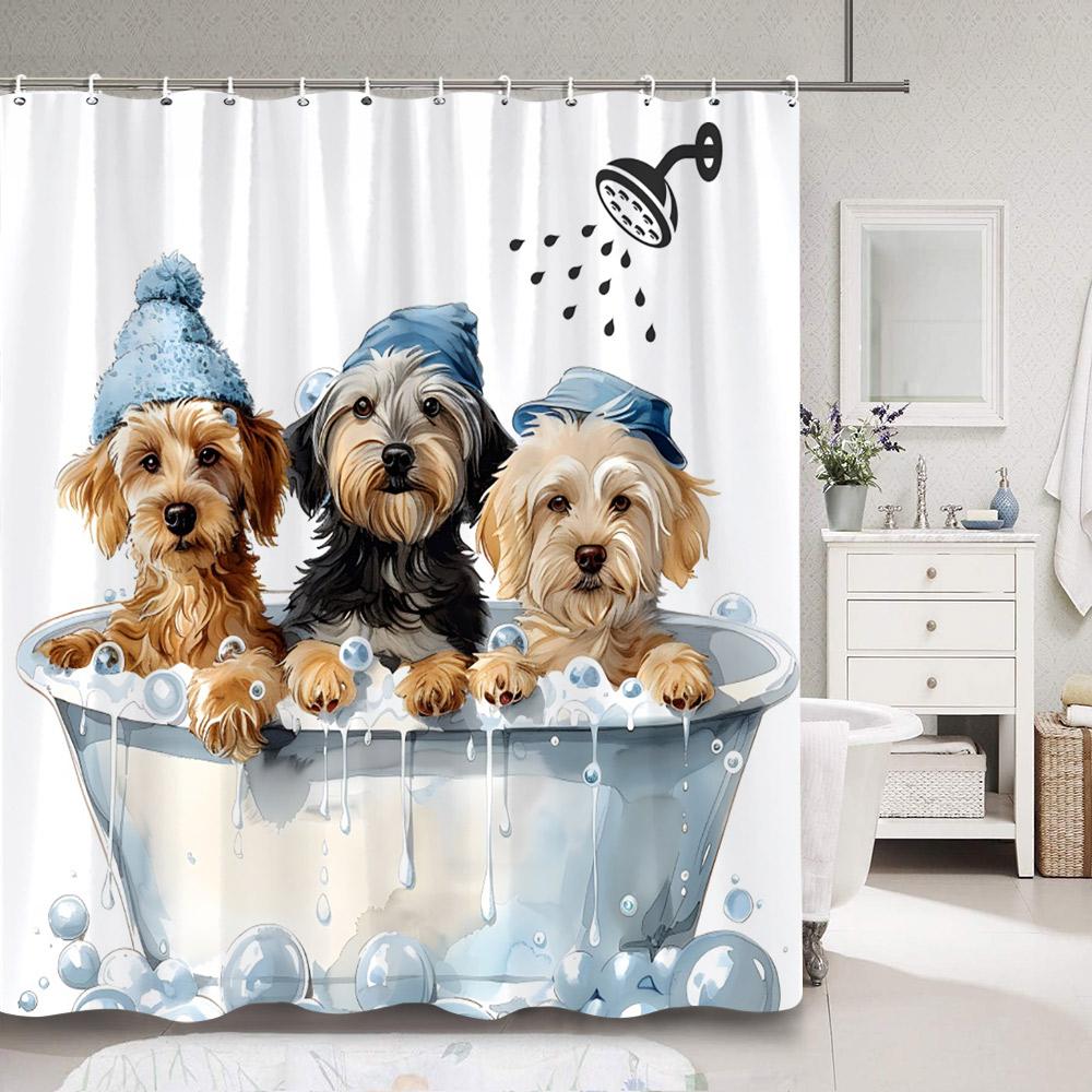 Funny Cute Animal Shower Curtain Riding Shark Cat, Dog In Bathtub And Pretty Pig Polyester Fabric Shower Curtains Bathroom Decor