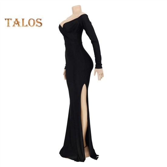 Lady Evening Dress V Neck Off Shoulder Side Slit Floor Length Long Sleeves Pleated Slim Fit Maxi Dress Ball Gown Banquet Party Dress