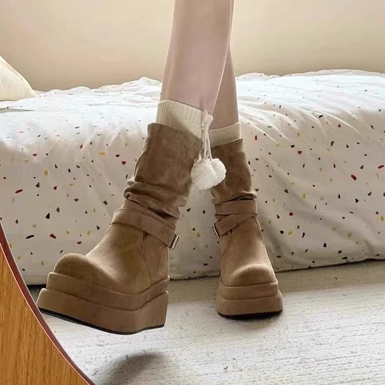 Niche Medium Boots Women's Autumn and Winter New Heightened Thick-soled Martin Boots Pleated Suede Fashion Boots Western Cowboy Boots