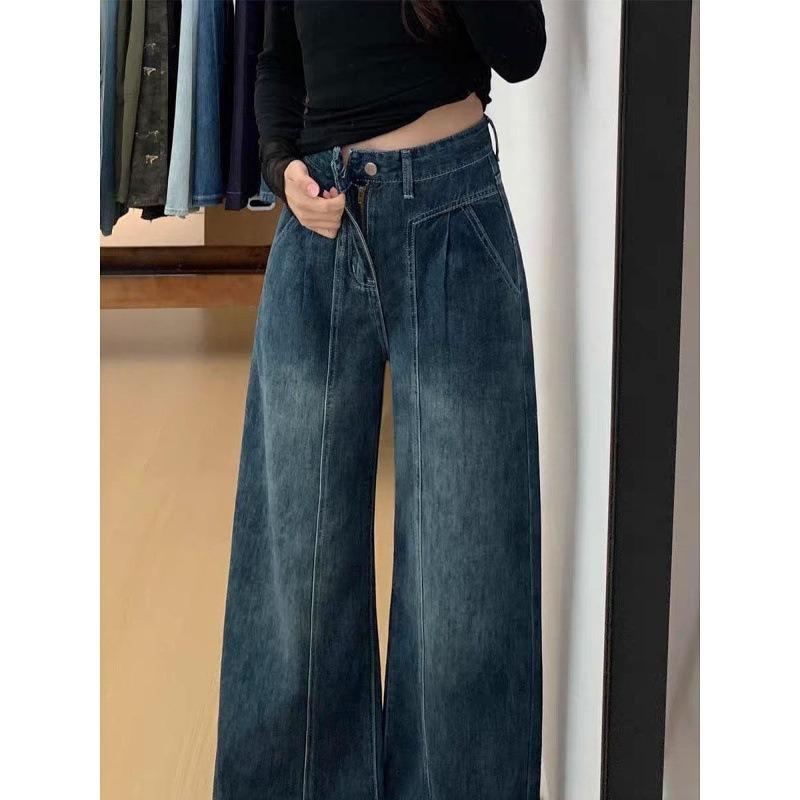 Retro Straight Jeans Women's Autumn and Winter Velvet High-waisted Loose and Thin Wide-leg Pants