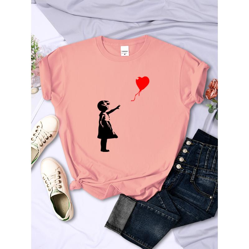 Camiseta de mujer con estampado de globos "Let's Fly Love", suave y transpirable, de manga corta, estilo urbano hip hop, tops casuales para mujer.