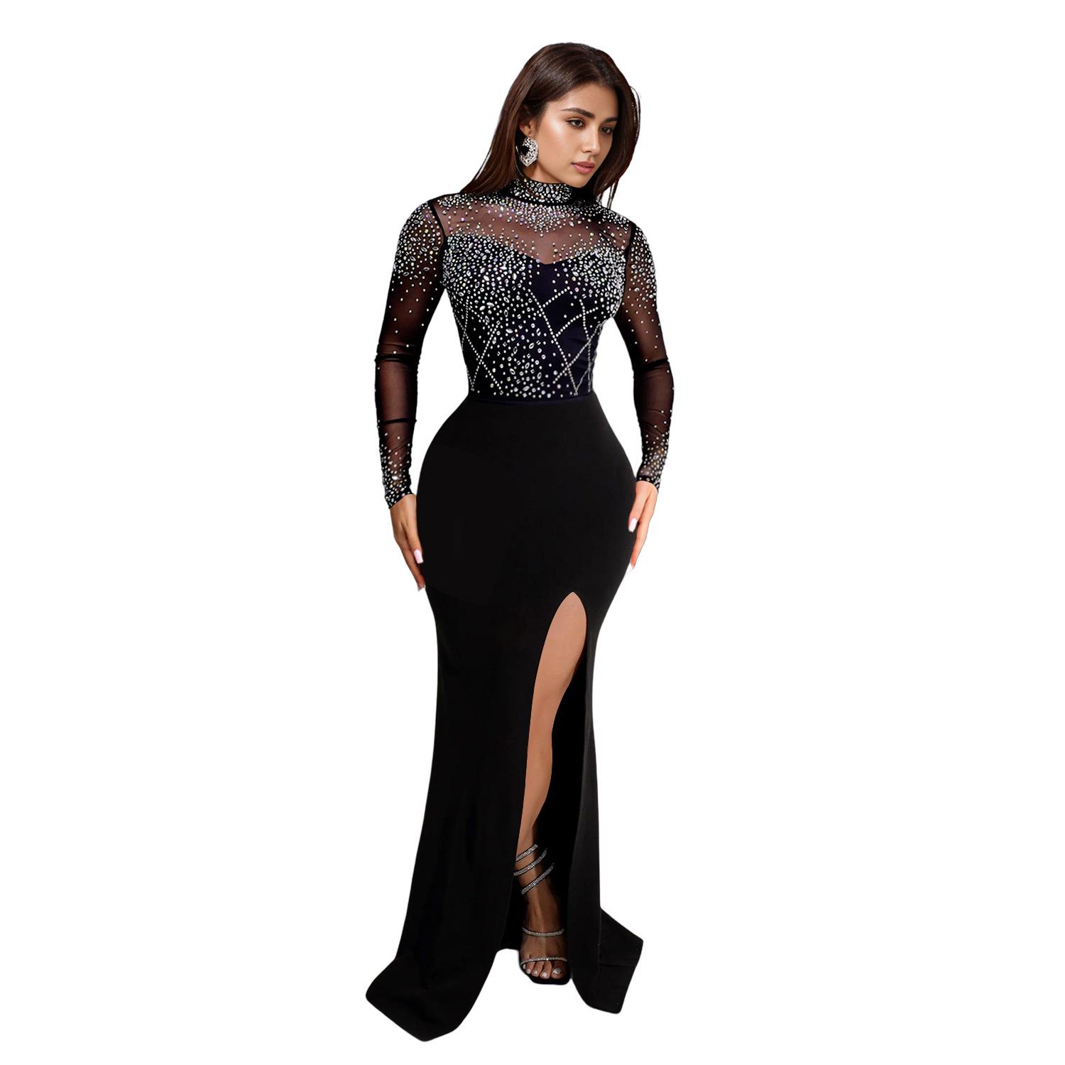 C7045 European & American Fashion Rhinestone Slit Long Dress for Women. S