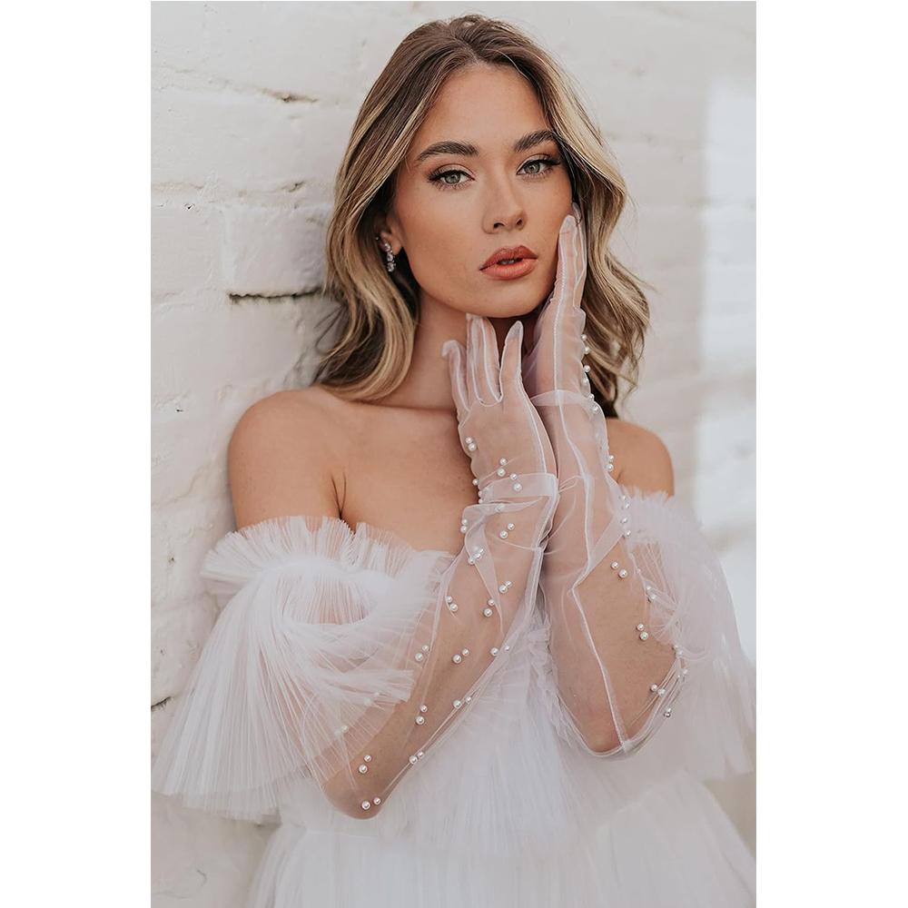 Cele mai drăguțe mănuși cu perle Mănuși de mireasă cu împânzire Mănuși pentru degete pentru femei Mănuși cu degete pline de mireasă Mănuși lungi de perle pentru femei