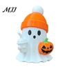 Mini Ghost Statue 3D Printed Cute Figurine with Pumpkin Milk Tea, Orange Small Desktop Ornaments Beanie Halloween Desk Ornaments, Funny Holiday