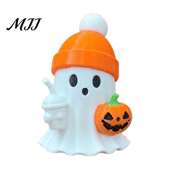 Mini Ghost Statue 3D Printed Cute Figurine with Pumpkin Milk Tea, Orange Small Desktop Ornaments Beanie Halloween Desk Ornaments, Funny Holiday