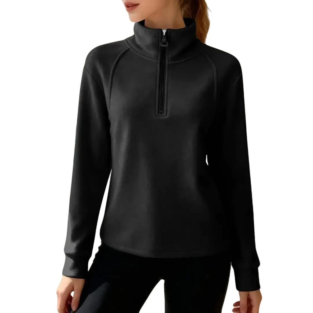 Women's Casual Fashion German Velvet Warm Solid Color Half Zip Stand Collar Long Sleeve Top