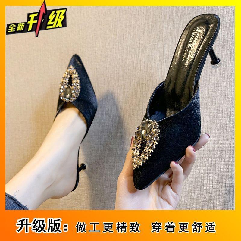 Pointed high heels thin heels women's sandals 2025 spring and summer new sexy rhinestone fashion bag head half slippers women