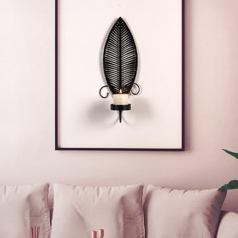 Elegant Black Metal Wall Candle Sconces, Leaf Shape Decorative Candlestick Candle Holders For Home And Event 2PCS