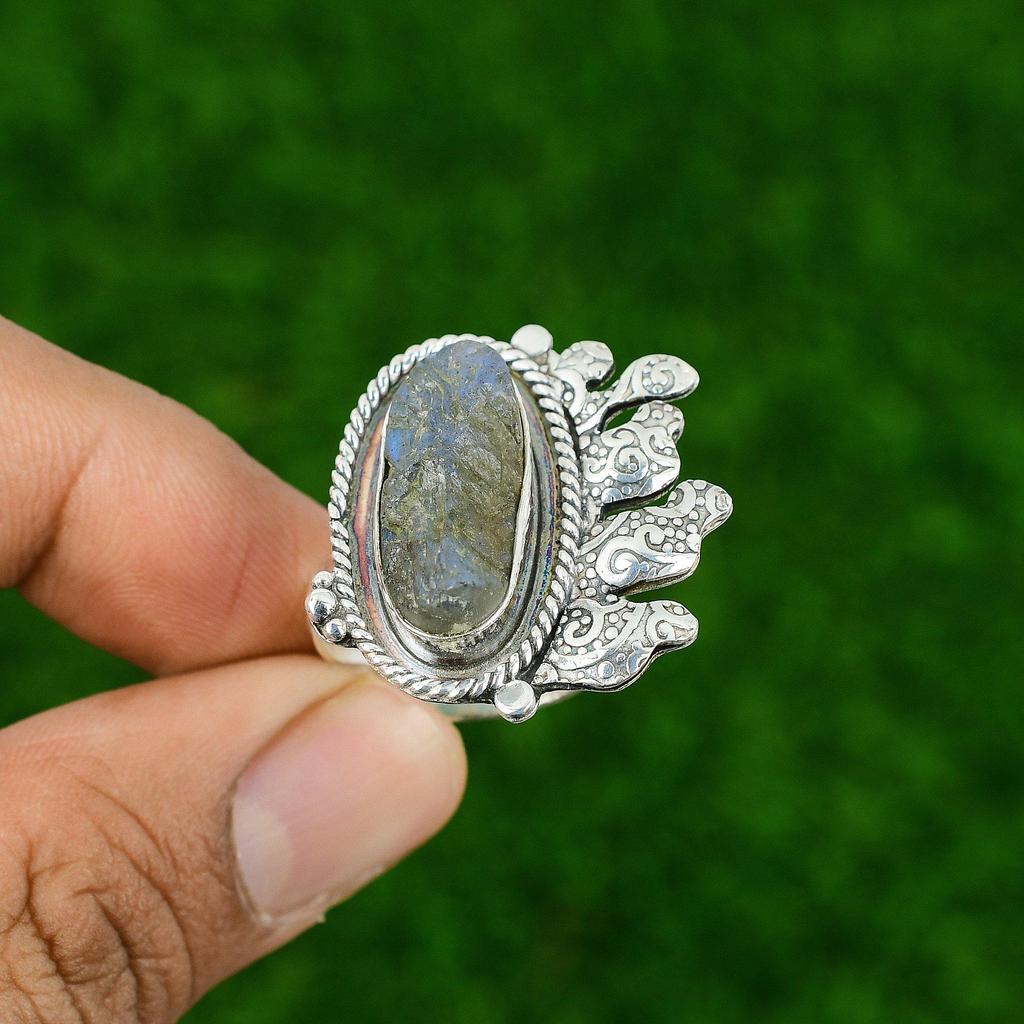 Gift For Her 925 Silver Natural Labradorite Rough Stackable Adjustable Ring