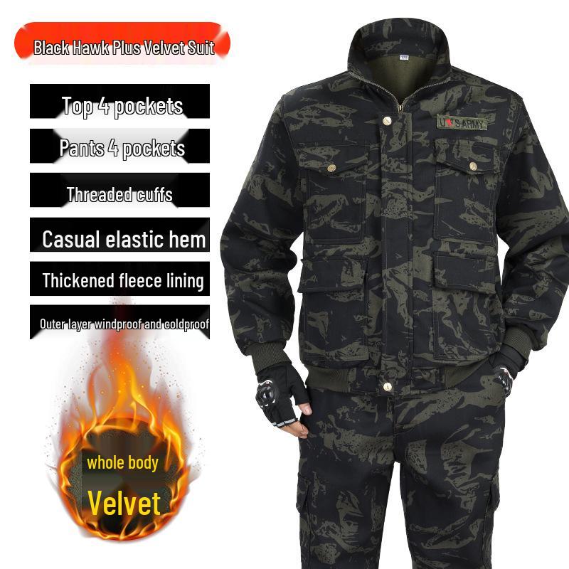 Men's Thickened Camouflage Workwear Set: Velvet-Lined, Cold-Resistant, Wear-Resistant for Welding & Auto Repair