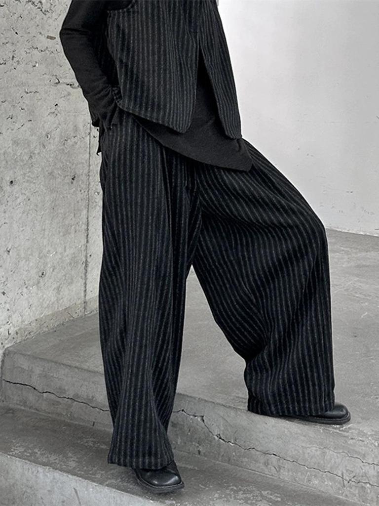 Autumn/Winter Wool Striped Wide-Leg Pants with Elastic High Waist