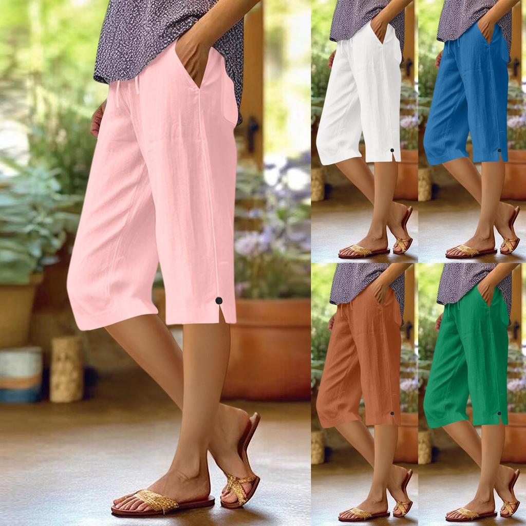 Pants For Women Casual Summer Solid Color Elastic High Waist Cotton And Linen Loose Pants Drawstring Pocket Mid Leg Pants
