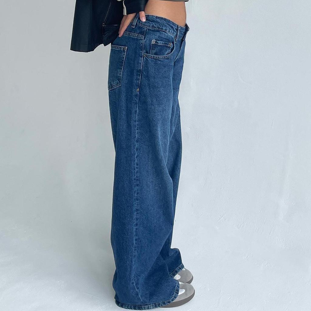 Women's Retro Low Waist Straight Leg Jeans - Washed Denim Wide Leg Pants for Autumn