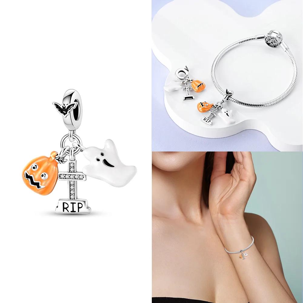 Copper Halloween Pumpkin Cart Magic Witch Ghost Original Charms Beads Fit Bracelet Jewelry Diy Women Birthday Gift Necklace