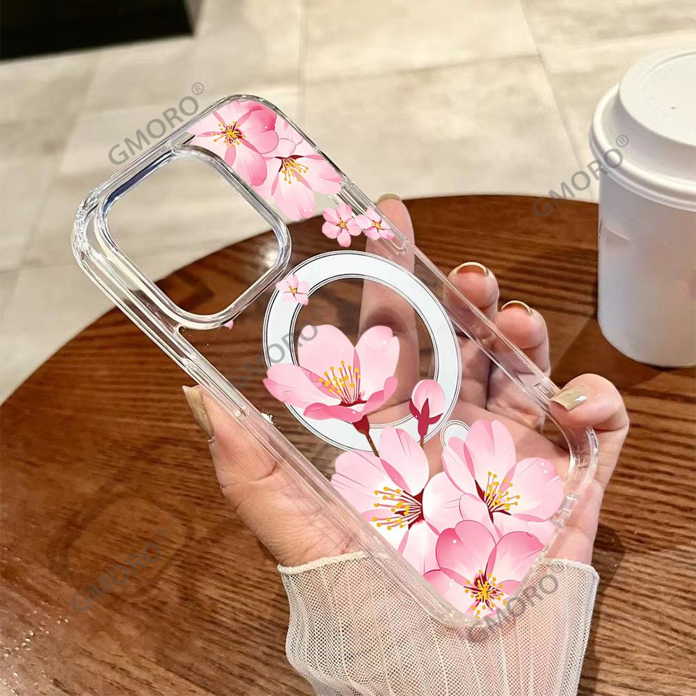 Selection Pink Sakura Mobile Phone Case Apple 17promax Anti-drop Transparent Magnetic Mobile Phone Case IP16