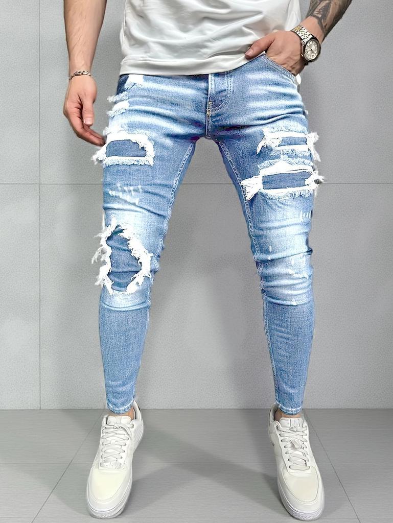 Foreign Heavy Industry Ripped Jeans Men'S Blue Slim-Fitting Elastic Pants Tide