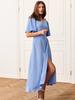 Elegant V-Neck Summer Evening Dress with Cinched Waist and Slit, Short Sleeve
