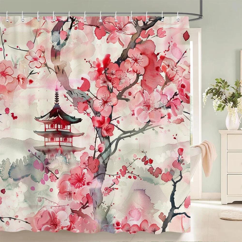 Home Shower Curtains for Bathroom Waterproof Fabric Japanese Flower Style Bathroom Curtains with Hooks Decorative Curtain