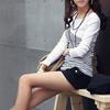 Global Selling Women Stripe Print Long Sleeve Round Neck T-Shirt Slim Fit Top