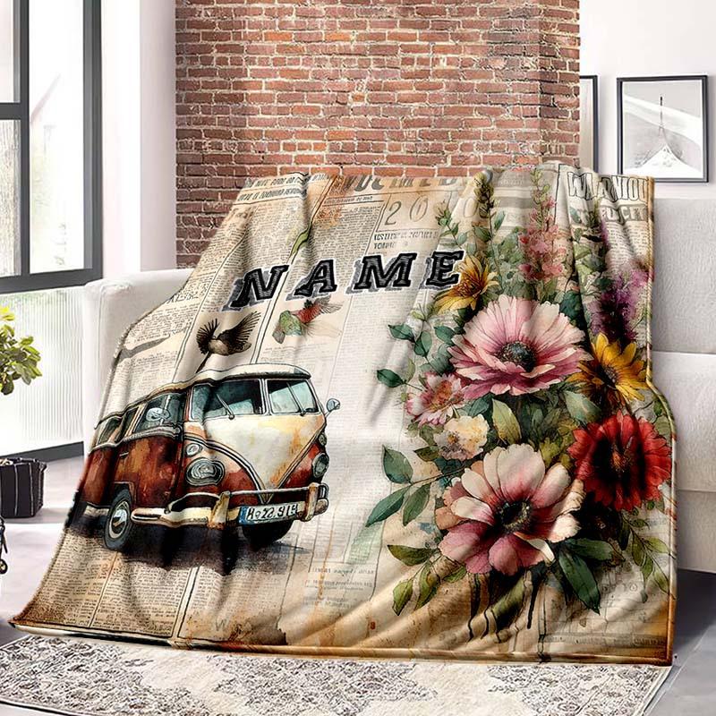 Bus And Flowers Customize Your Name Blanket Used For Chair Office Sofa Bed Camping Soft And Warm Giving Friends And Relatives Birthday Graduation Gift