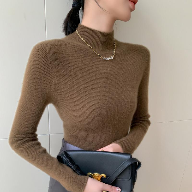 New Women's Slim Fit Cashmere Knit Half-High Neck Sweater for Autumn and Winter