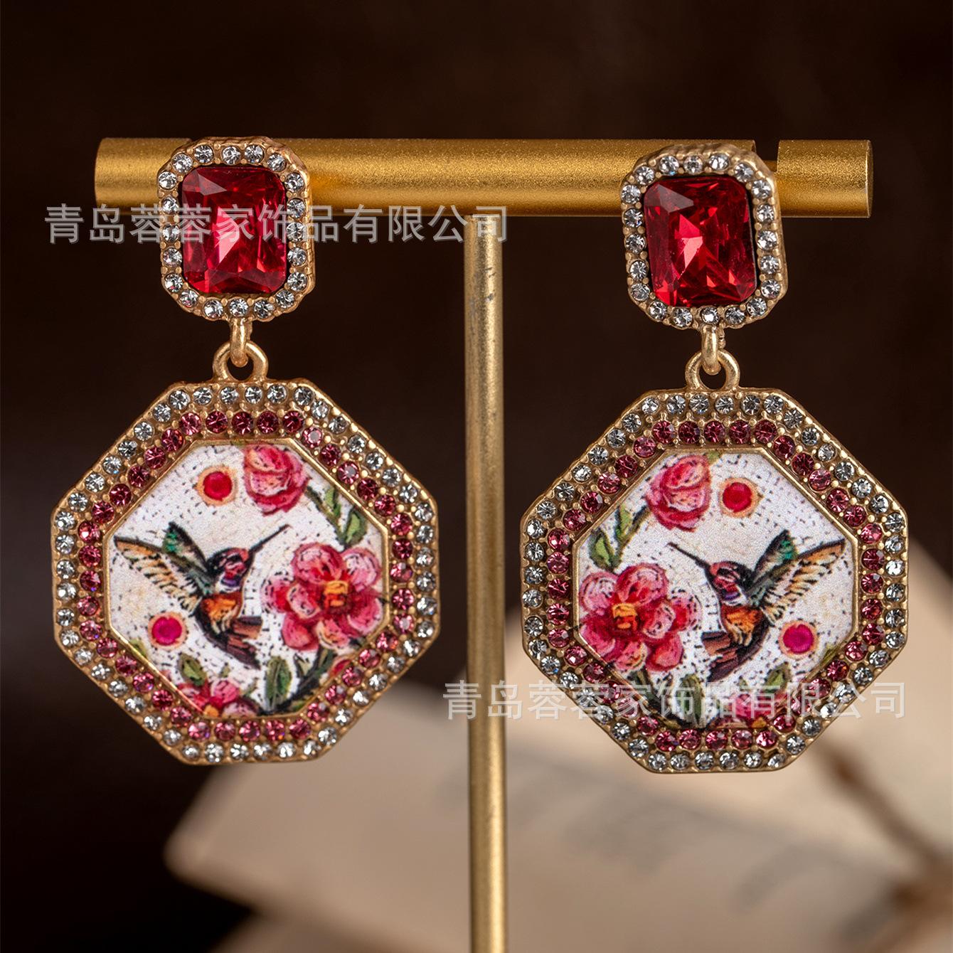 Антикварные Винтажные Красные Птицы Цветочные Геометрические Инкрустированные Серьги Французский Эмаль Стиль Нишевый Темперамент