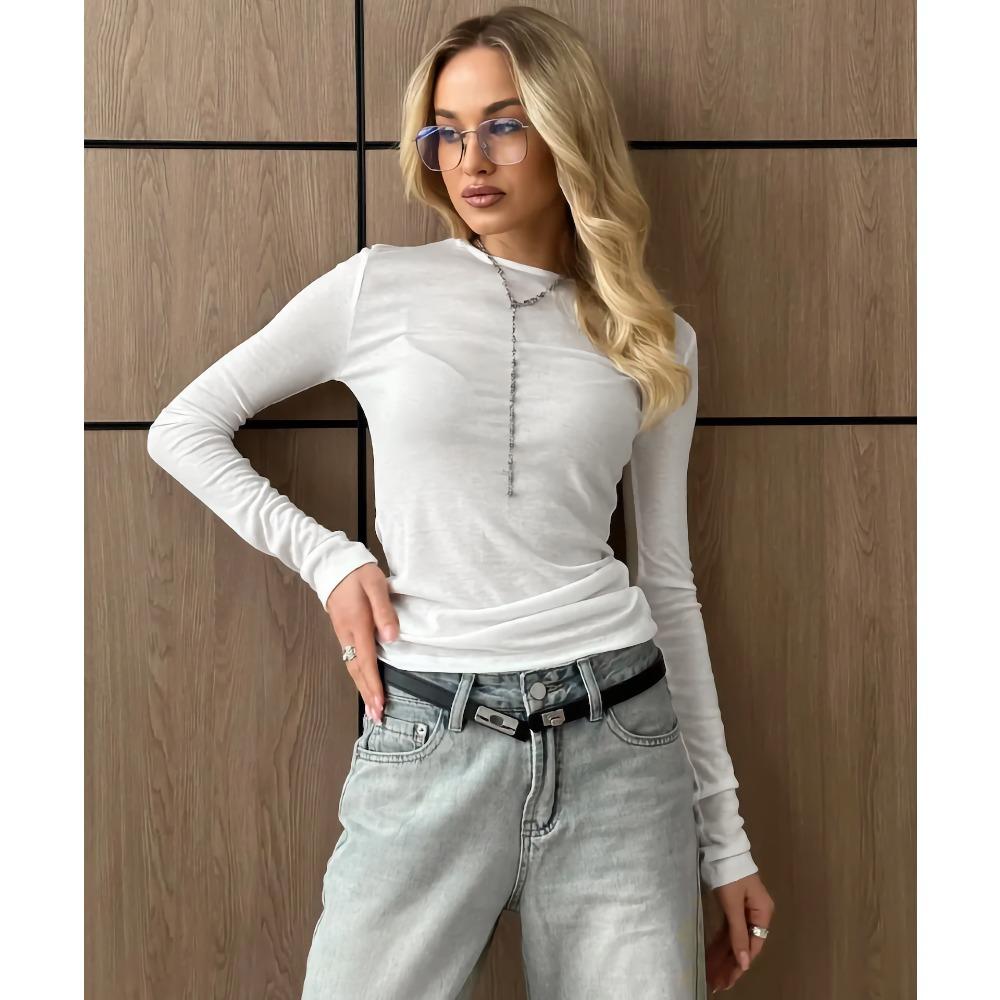 Women's Crew Neck Long Sleeve Fitted Tee Slim Fit Minimalist Style Polyester Cotton Solid Color Thin Sun Protection Top