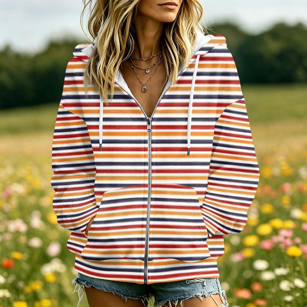 Women's Striped Print Long Sleeve Hooded Jacket with Pockets and for Casual Wear