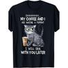 Funny Coffee & Cat Lovers T-Shirt Suitable for Men & Women - "Shhh... Me and Coffee Are Having A" Slogan with Tabby Cat & Coffee Cup Print, Black