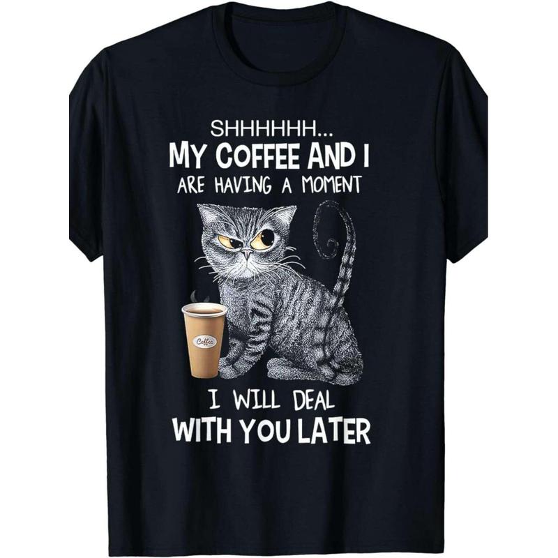 Funny Coffee & Cat Lovers T-Shirt Suitable for Men & Women - "Shhh... Me and Coffee Are Having A" Slogan with Tabby Cat & Coffee Cup Print, Black