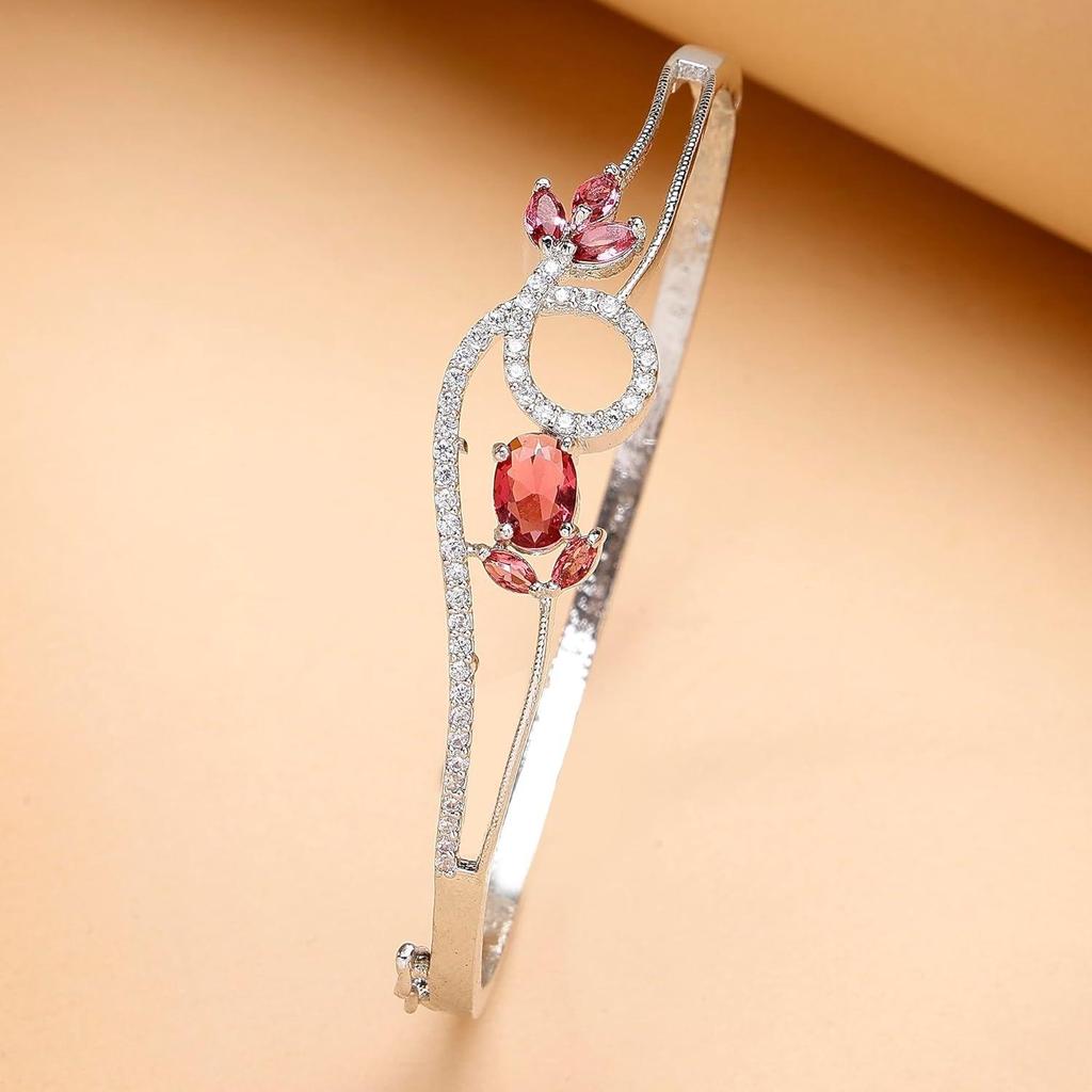 Stylish Rhodium Plated American Diamond Silver Plated Openable Cuff Bracelet For Women & Girls