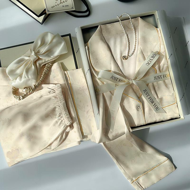 Premium Heart-Shaped Spring And Autumn Princess Style Ice Silk Satin Pajamas Women'S Long-Sleeved Lapel Loungewear Two-Piece Set