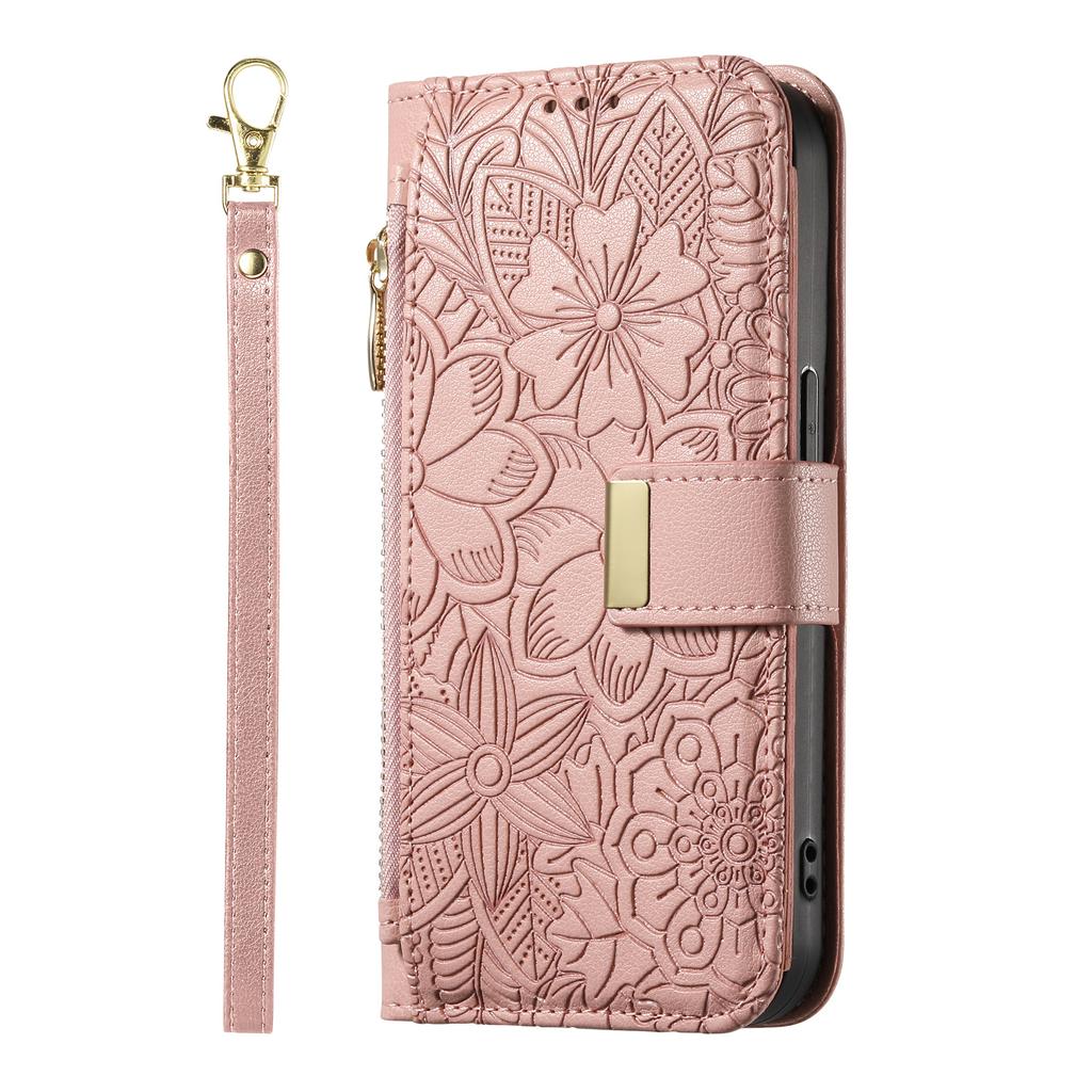 Floral Embossed Leather Wallet Flip Case for OPPO A6 A6X A6T A6S A6C A5 A5X A3 A3X A1 Pro 4G 5G Card Slots and Wrist Strap Cover