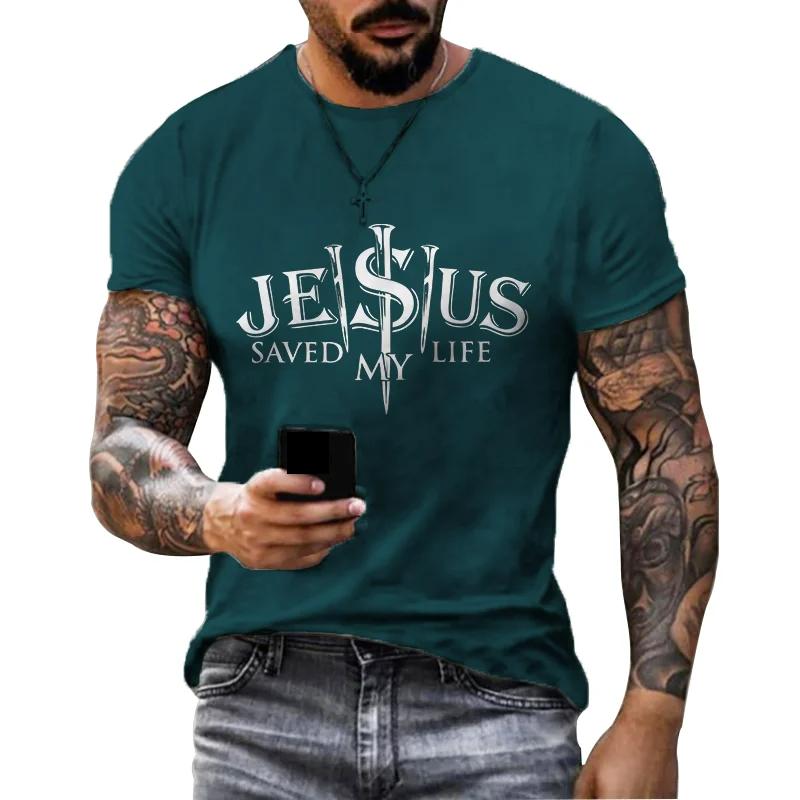 Retro Fashion Gray T-shirt Jesus Letter 3D Printed Short Sleeved Polyester Casual Men's Clothing Trendy Summer Tops Tees