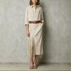Women's Shirt Collar Long Sleeve Fringe Split Maxi Dress Solid Color Casual Dress