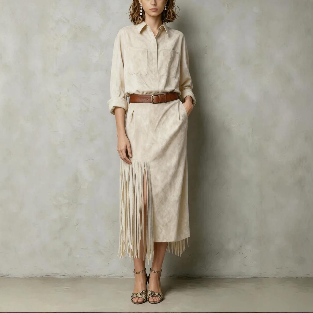 Women's Shirt Collar Long Sleeve Fringe Split Maxi Dress Solid Color Casual Dress