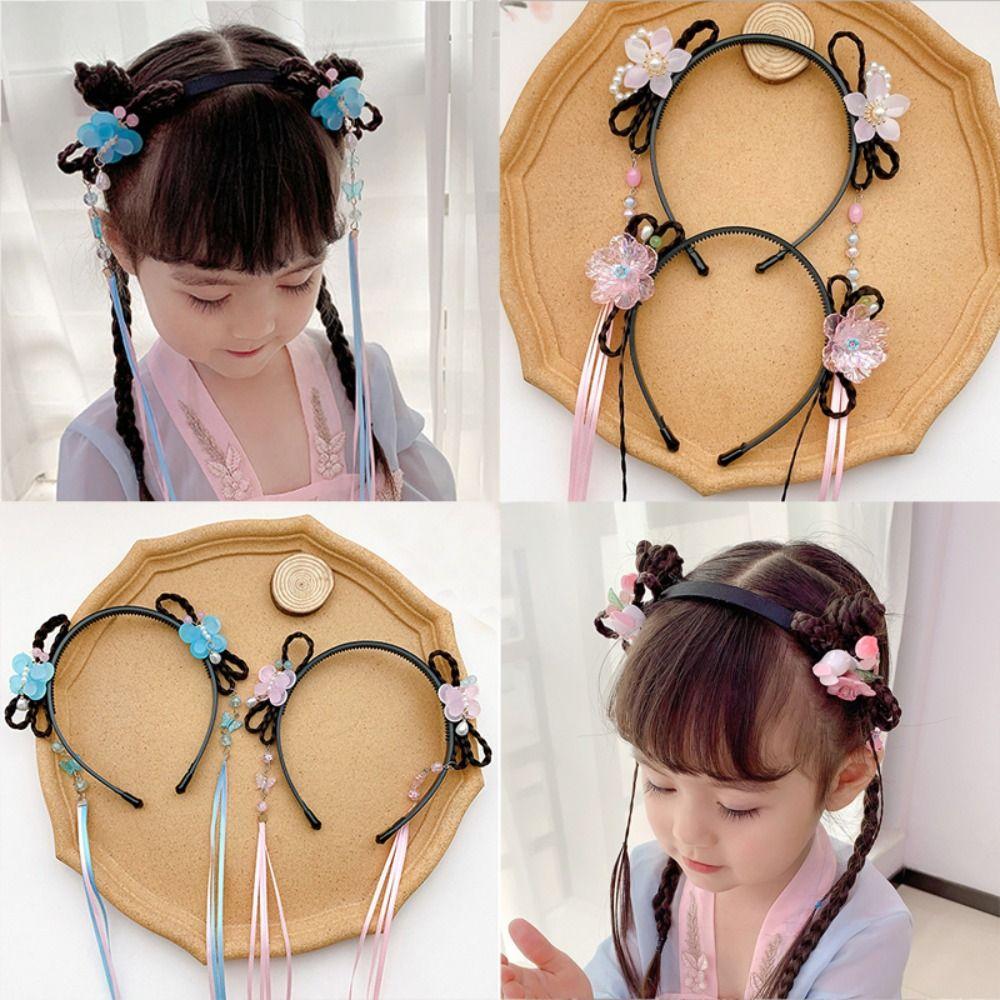 

Синтетические плетеные повязки на голову в китайском стиле для детей, повязка на голову с кисточками и цветами в стиле ханьфу, повязка на голову принцессы