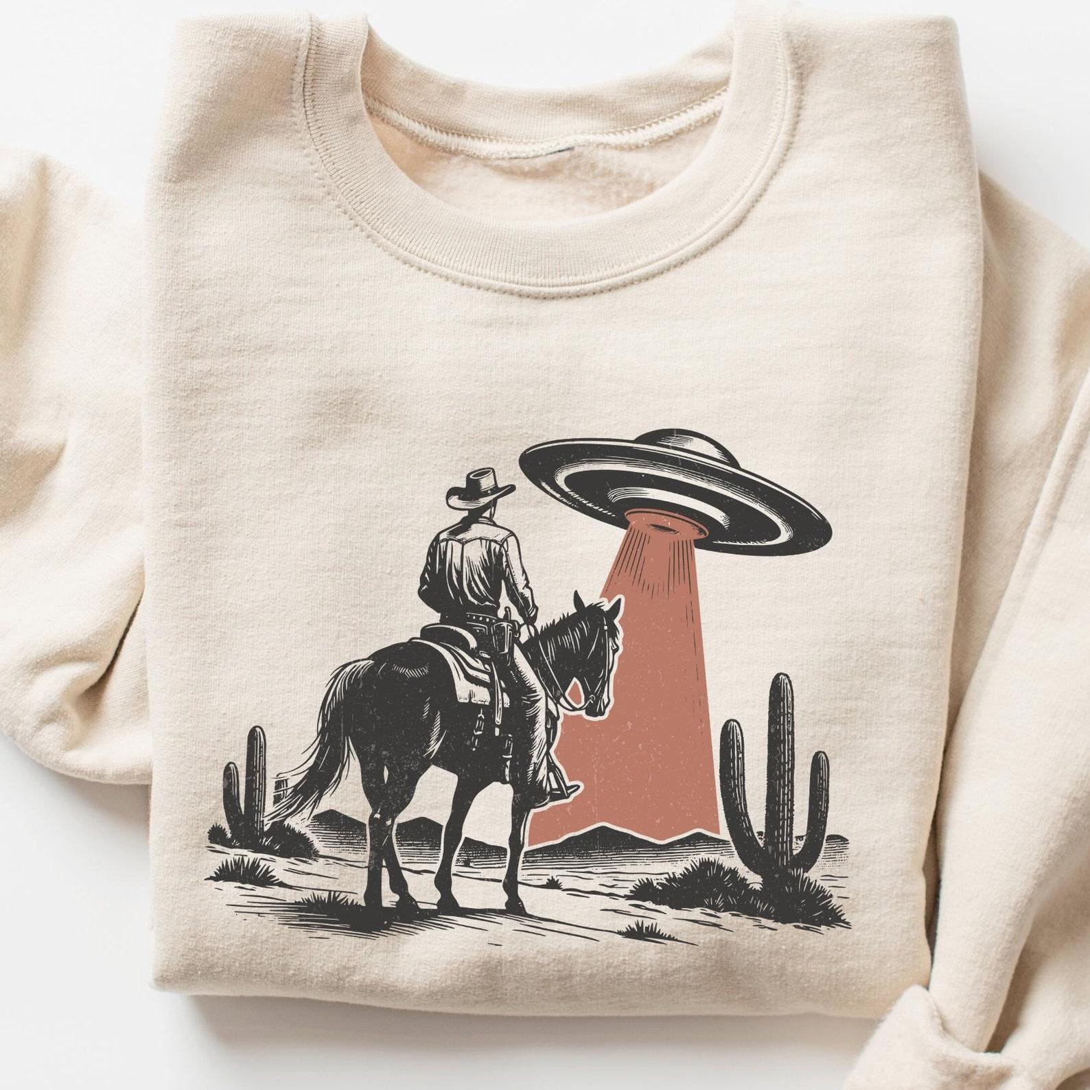 UFO Cowboy Western SweaT-Shirt, Retro Vintage Cowboy Shirt, Rodeo SweaT-Shirt, Western Oversized Crewneck Shirt, Trendy Women s Western Shirt L